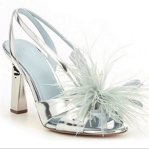 Silver Blue Metallic Leather Heels with Feathers